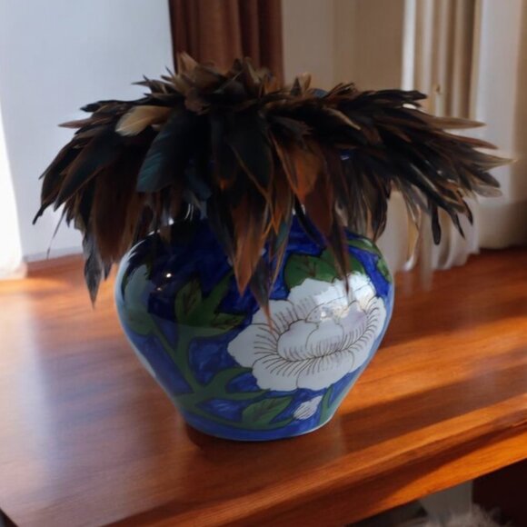 Vintage Thailand Hand Painted Blue & White Vase/Half-Bronze Rooster Feathers - Picture 1 of 7